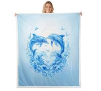 feelingyou Jolie couverture en polaire de dauphin bleu, taille Gémeaux Exotique Abstrait Amour Animal Oiseau Style Rêve Lit pour Adolescents Imprimé Vagues Mignon Décor à la Maison pour Bureau