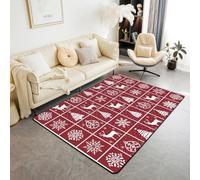 feelingyou Joyeux Noël Tapis de salon 100 x 150 cm Dessin animé Grille de Noël Rouge Tapis de chambre à coucher pour enfants Adolescents Cerf Pin Flocons de neige Impression Tapis d'intérieur