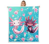 feelingyou Kawaii Axolotl Couverture polaire Taille X Aquarelle Rose Plantes Fleurs Océan Vie Marine Couverture pour Enfants Adolescents Romantique Salamandre Décoration d'intérieur pour chambre