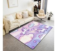 feelingyou Kawaii Tapis de salon licorne 150 x 200 cm violet bleu pixelisé style chambre à coucher pour garçons et filles mignon cœur arc-en-ciel nuage tapis de sol décoration d'intérieur