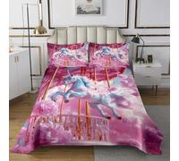 feelingyou Lot de 2 couettes licorne rêveuse pour fille Carousel Fairy Tale Cheval Couverture pour enfants adolescents adultes Rose Romantique Flower Cloud Amusement Park Parure de lit S Taille S