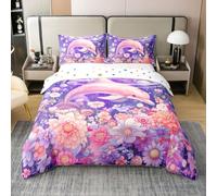 feelingyou Lot de 2 housses de couette 100 % coton naturel motif dauphin rose - Taille S - Jolies fleurs multicolores - Impression planète - Animaux romantiques rêveurs - Plantes - Violet