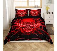 feelingyou Lot de 2 housses de couette réversible en polyester - Motif tête de mort - Motif toile d'araignée gothique d'Halloween - Décoration douce pour chambre à coucher - Lumière néon rouge (pas de