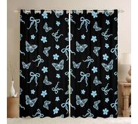 feelingyou Lot de 2 rideaux de fenêtre avec nœuds bleus - Taille XXL - 260 x 140 cm - Motif fleurs et papillons - Bon rideau occultant avec nœud - Pour adultes et enfants