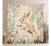 feelingyou Lot de 2 rideaux de fenêtre mignons lapins pour garçons et filles, taille L, fleurs rétro, feuilles vertes, bons rideaux occultants, thème Pâques, motif animal, 2 panneaux, 175 x 140 cm