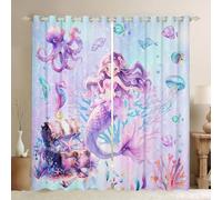 feelingyou Lot de 2 rideaux occultants sirène pour fenêtres, motif étoile de mer, pieuvre, vie marine pour salon, monde sous-marin rêveur, queue de sirène, 167 x 228 cm