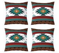 feelingyou Lot de 4 housses de coussin Boho Western Aztec - Style américain natif - Impression double face - Douces - Blanc vert rouge - 40 x 40 cm