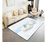 feelingyou Lovable Polar Bear Tapis de salon 150 x 200 cm Motif pingouin mignon Ski Sport Snowflake Motif Chambre à coucher pour garçons et filles Faune sauvage Impression bleue Tapis de sol
