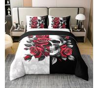 feelingyou Parure de lit 2 pièces avec housse de couette 100 % coton naturel - Taille M - Motif tête de mort gothique - Pour garçon - Fleurs roses - Thème Halloween - Rouge, gris et noir - Pas de