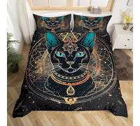 feelingyou Parure de lit chat taille M, Golden Stars Moon Galaxy Constellation Housse de couette avec 1 taie d'oreiller, Boho ethnique exotique animal noir pour garçons adolescents