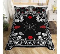 feelingyou Parure de lit réversible avec motif tête de mort gothique et araignée d'Halloween et fleurs rouges pour enfants - Noir et blanc - Avec 1 taie d'oreiller - Pas de couette