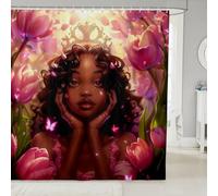 feelingyou Rideau de douche noir princesse taille S Tulipes roses Papillon rêveur Décor Rideaux de salle de bain pour enfants filles Contes de fées Style romantique Rideau de bain pour baignoire avec