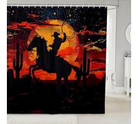 feelingyou Rideau de douche silhouette de cowboy taille S vintage classique coucher de soleil imprimé cactus rideau de bain pour garçons chevaux occidentaux animaux sauvages accessoires de salle de