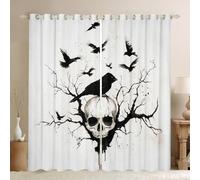 feelingyou Rideaux à œillets avec tête de mort et corbeau pour enfants, filles et garçons, rideaux de traitement de fenêtre vintage sur le thème d'Halloween, plantes botaniques naturelles à œillets (2