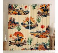 feelingyou Rideaux de fenêtre de cowboy rustique, taille XXL Cactus vert classique Coucher de soleil Motif Désert Bonne Ombrage Décoration de la Maison Rétro Vintage Style Occidental Rideaux de