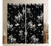feelingyou Rideaux de fenêtre Rustique Cowboy Taille XXL Rural Sketch Style Cowboy Bottes Chapeau Bonne Ombrage Décoration de la Maison Mignon Étoile Cactus Cheval Animal Noir Rideaux de fenêtre pour