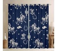 feelingyou Rideaux de fenêtre Rustique Cowboy Taille XXL Rural Sketch Style Cowboy Bottes Chapeau Bonne Ombrage Décoration de la Maison Jolie Étoile Cactus Cheval Bleu Animal Rideaux de fenêtre pour
