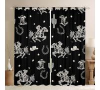 feelingyou Rideaux de fenêtre rustiques cowgirl taille XXL Rural Sketch Style Cowboy Bottes Chapeau Bonne Ombrage Décoration de la Maison Sud-Ouest Étoile Cactus Cheval Noir Rideaux de fenêtre pour
