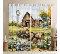feelingyou Rideaux de fenêtre rustiques de chalet, taille M, motif de moulin à vent de ferme rurale, vue naturelle, ombre, décoration d'intérieur, aquarelle, fleurs persistantes, herbe, rideaux de