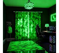 feelingyou Rideaux verts pour jeux vidéo, décoration de chambre d'enfants, garçons, filles, adolescents, motif manette de jeu de dessin animé, rideaux de fenêtre modernes à carreaux géométriques, 2