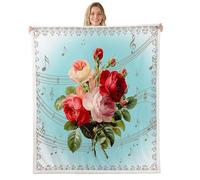 feelingyou Rose Floral Jeter Couverture, Jeter Taille Rouge Rose Romantique Fleurs Lit Jeter pour Adolescents Notes de Musique Dentelle Damas Décoration de Maison pour Canapé