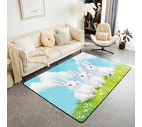 feelingyou Tapis de salon « Joyeuses Pâques » - 100 x 150 cm - Motif lapin blanc kawaii - Mignon animal - Chambre à coucher - Pour enfants et adolescents - Aquarelle verte - Herbe - Ciel bleu - Tapis