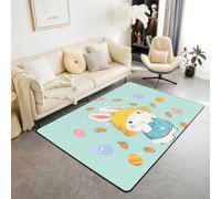 feelingyou Tapis de salon Joyeuses Pâques - 150 x 200 cm - Joli imprimé lapin avec carotte - Tapis de chambre à coucher pour garçons et filles - Œufs colorés - Tapis de sol - Décoration d'intérieur
