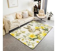feelingyou Tapis de salon Joyeuses Pâques - 150 x 200 cm - Joli lapin papillon - Animal - Chambre à coucher - Tapis de sol pour garçons et filles - Jaune et blanc - Plante à fleurs blanches - Tapis de