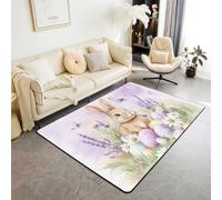 feelingyou Tapis de salon Joyeuses Pâques - 150 x 200 cm - Lapins mignons - Œufs de Pâques - Tapis de chambre à coucher - Tapis de sol pour garçons et filles - Lavande pourpre blanc pâquerettes