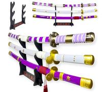 FÉENOMENN Katana One Piece Pack Zoro Luffy 3 Epées (ENMA, AME NO HABAKIRI, NIDAI KITETSU) - Lame Bois - Support Japonais Inclus