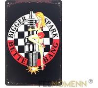 FÉENOMENN plaque métal déco vintage - pin up bougie voiture - bigger spark better bang (20x30cm) G