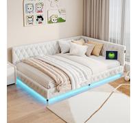 FEEOHOME Canapé-lit rembourré 140 x 200 cm, Lit canape, Banquette lit 2 Places Fonctionnel avec USB et LED, Lits Double Rembourré avec sommier à Lattes pour Chambre à Coucher, Salon (Beige)