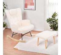 FEEOHOME Fauteuil à Bascule avec Repose-Pieds, Chaise à Bascule, avec accoudoirs et Dossier, Chaise Loisir avec Base et Poches latérales en Bois pour Chambre, Salon