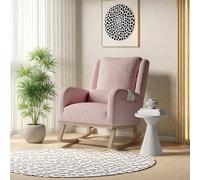 FEEOHOME Fauteuil à Bascule, Chaise a Bascule, Fauteuil Chambre Bebe avec accoudoirs et Poches, Chaise Loisir avec Pieds en Bois Massif pour Chambre, Salon, Velours Teddy (Rose)