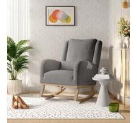 FEEOHOME Fauteuil à Bascule, Chaise a Bascule, Fauteuil Chambre Bebe avec accoudoirs et Poches, Chaise Loisir avec Pieds en Bois Massif pour Chambre, Salon, Velours Teddy (Gris)