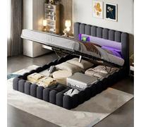 FEEOHOME LED Lit Double 140 x 200 cm, rembourré avec 2 tiroirs de Rangement, Cadre de lit pour Adolescent avec Fonction de Charge USB, Lits en métal pour Matelas de 20 à 25 cm