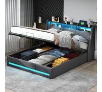 FEEOHOME Lit 2 Personnes 140 x 190 cm, lit Double rembourré avec sommier à Lattes et Rangement, lit Coffre avec LED et USB, Cadre de lit pour Adulte Adolescent, Lin Gris