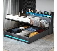 FEEOHOME Lit 2 Personnes 140 x 200 cm, lit Double rembourré avec sommier à Lattes et Rangement, lit Coffre avec LED et USB, Cadre de lit pour Adulte Adolescent, Lin Gris
