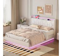 FEEOHOME Lit 2 Personnes 140 x 200 cm, lit Multifonction avec sommier à Lattes et Rangement, Lit Double rembourré avec LED et USB, Cadre de lit pour Adulte Adolescent, Velours