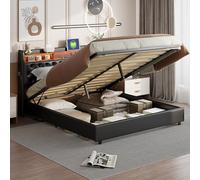 FEEOHOME Lit capitonné 180 x 200 cm, Lit 2 Personnes avec Rangement et sommier à Lattes, lit Coffre avec LED et USB, Cadre de Lits pour Adulte Adolescent, PU, Noir