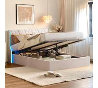 FEEOHOME Lit Coffre 140 x 190 cm, lit 2 Places avec Espace de Rangement et sommier à Lattes, Lit Double Rembourré, tête de lit avec LED, Cadre de Lits pour Adulte Adolescent Garcon, Velours