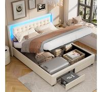 FEEOHOME Lit Coffre 140 x 190 cm, LIt Double capitonné avec 2 tiroirs et Fonction hydraulique, lit Rangement avec sommier à Lattes, tête de lit avec LED, pour Adulte Adolescent (140x190)