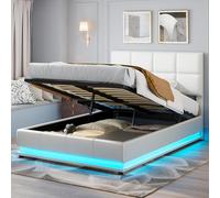 FEEOHOME Lit Coffre 140 x 190 cm, lit Multifonction avec sommier à Lattes et Espace de Stockage hydraulique, Lit 2 Personnes avec LED et Tête de Lits réglable pour Adulte Adolescent (Blanc)