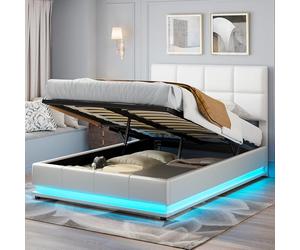 FEEOHOME Lit Coffre 140 x 190 cm, lit Multifonction avec sommier à Lattes et Espace de Stockage hydraulique, Lit 2 Personnes avec LED et Tête de Lits réglable pour Adulte Adolescent (Blanc)
