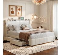 FEEOHOME Lit Coffre 140 x 200 cm, lit Double rembourré avec 4 tiroirs et sommier à Lattes, lit 2 Personnes, Cadre de Lits avec USB et Tête de Lit pour Adulte Adolescent, PU Blanc