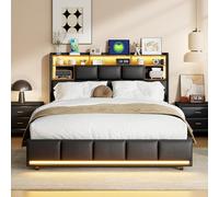 FEEOHOME Lit Coffre 160 x 200 cm, lit capitonné Multifonction avec LED et USB, lit 2 Places avec Rangement et sommier à Lattes, Cadre de Lits avec tête de lit pour Adulte Adolescent, PU, Noir