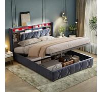 FEEOHOME Lit Coffre 160 x 200 cm, lit Double rembourré avec Rangement en Fonction hydraulique et sommier à Lattes, Lit 2 Personnes avec LED et USB, Cadre de Lits pour Adulte Adolescent, Velours Gris