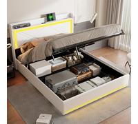 FEEOHOME Lit Coffre 160 x 200 cm, lit Double rembourré avec sommier à Lattes et Espace de Rangement, Lit 2 Personnes avec USB et LED, Cadre de Lits pour Adulte Adolescent, PU (Blanc, 140x200)