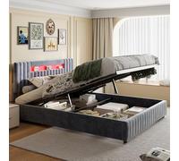 FEEOHOME Lit Coffre 160x200, lit 2 Personnes avec sommier à Lattes, Lit Double rembourré avec Rangement, Tête de lit avec Éclairage LED, Cadre de lit pour Adulte Adolescent, Velours Gris (160x200)
