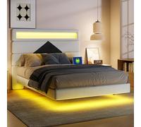 FEEOHOME Lit Double 140 x 190 cm, lit Flottant avec USB, Lit avec sommier à Lattes, Cadre de Lits et sommier avec LED pour Adulte Adolescent